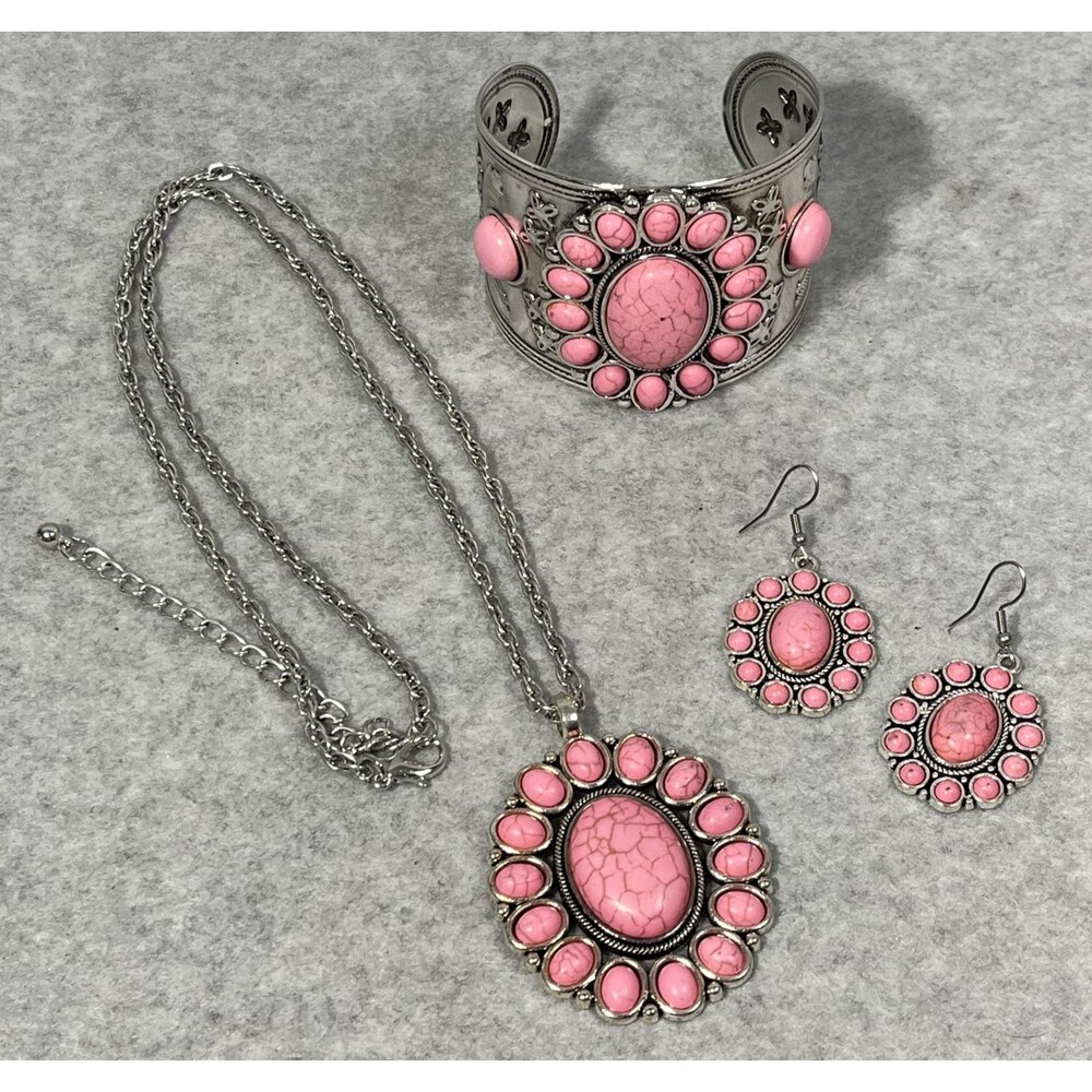 Howlite Jewelry Set Flower Earrings Cuff Bracelet Pendant Necklace‎ Western Boho